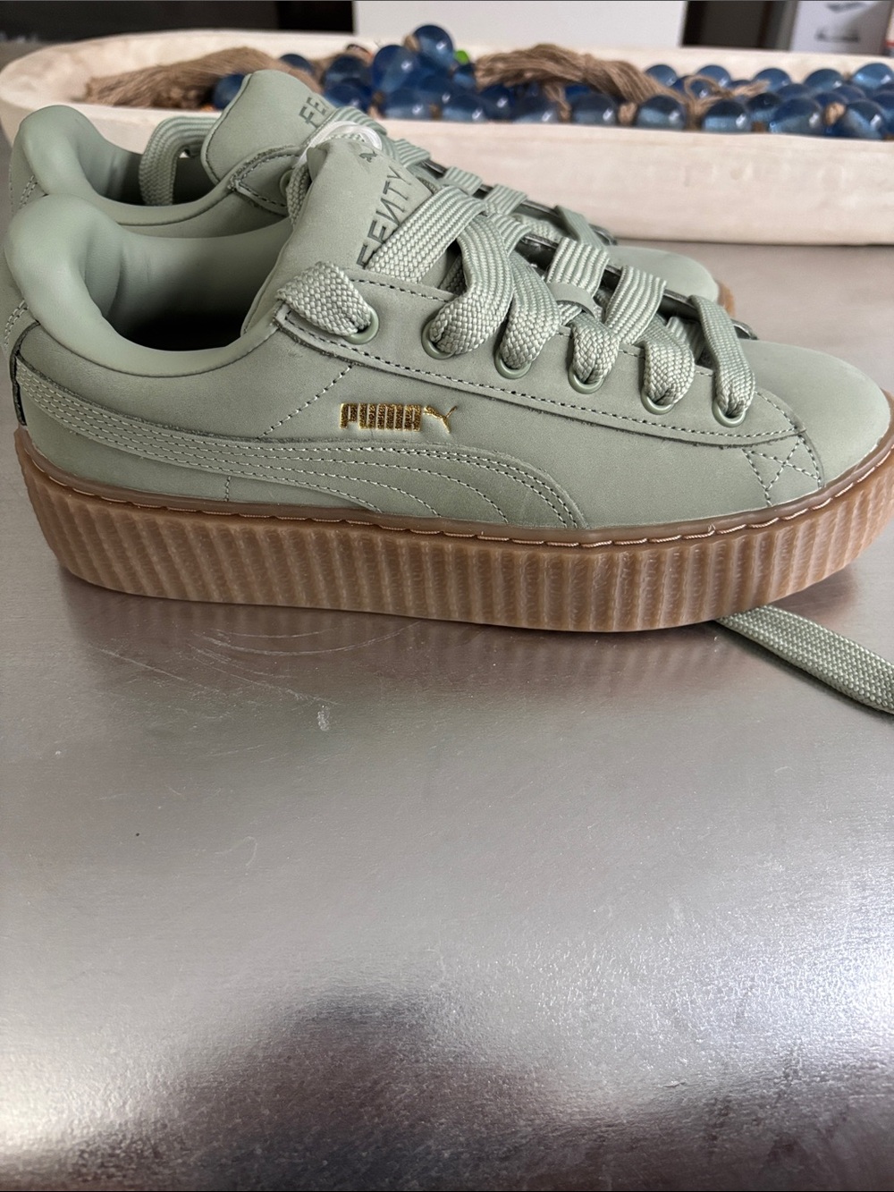 Puma Platform Sneakers in Sage Green with Gum Sole
